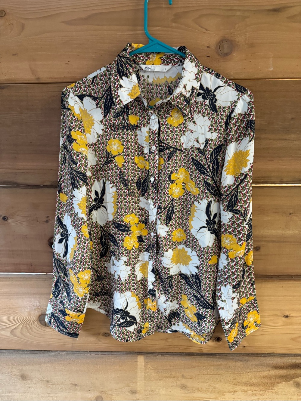 Zara Yellow Floral Button-Up Blouse with Green & Black Accents - Picture 1 of 4